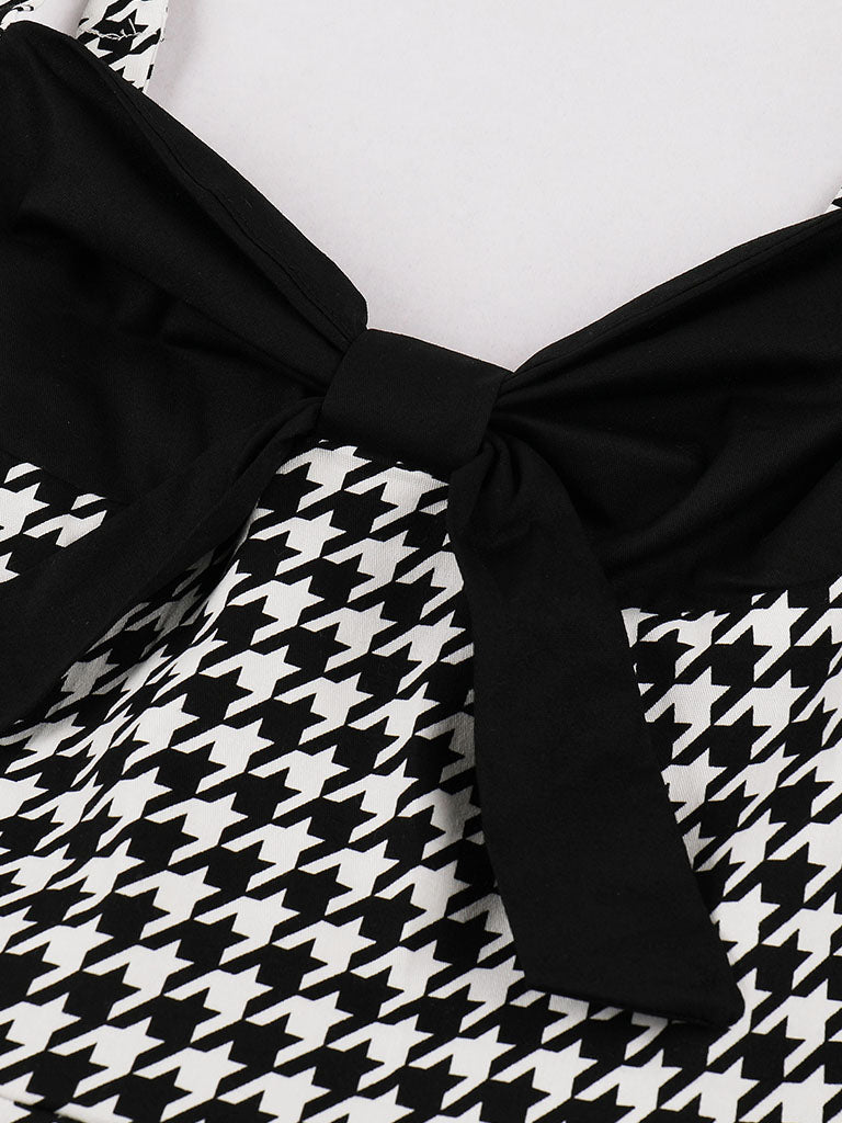 Black Houndstooth Print Spaghetti Strap 1950S Vintage Swing Dress