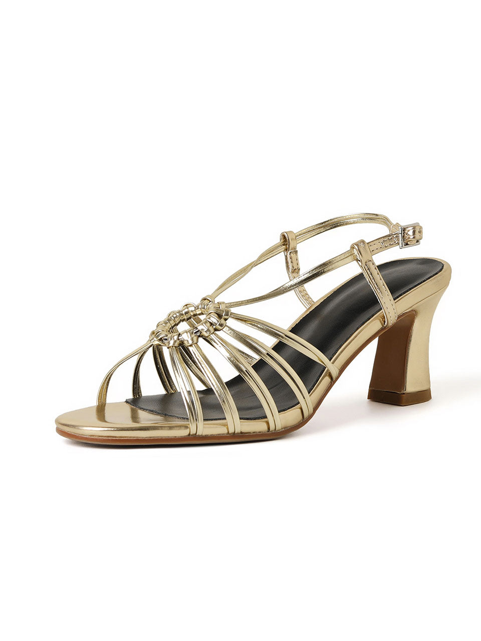 Round Toe Gold Spool Heel Sandals Leather Vintage Shoes