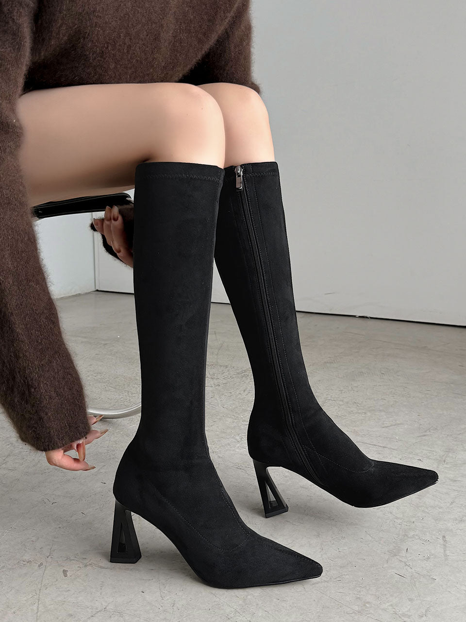 Beige Suede Stiletto Heel Pointed Knee High Boots