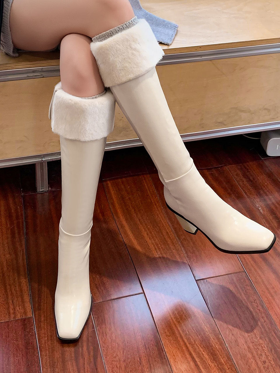 Chunky Heel Knee High Leather Winter Boots