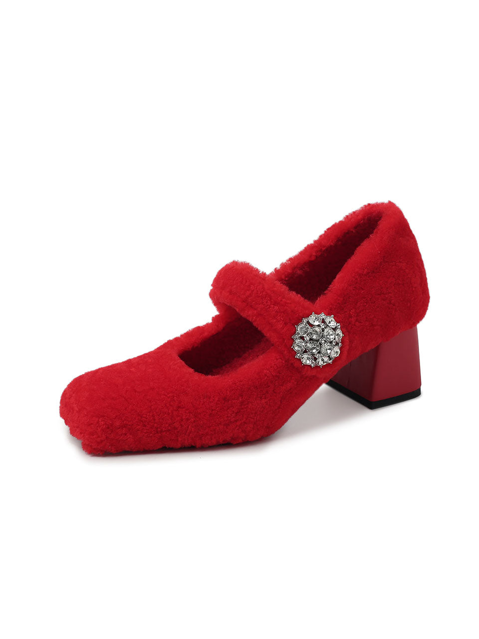 Winter Party Shoes Red Sheepskin Chunky Heel Pumps
