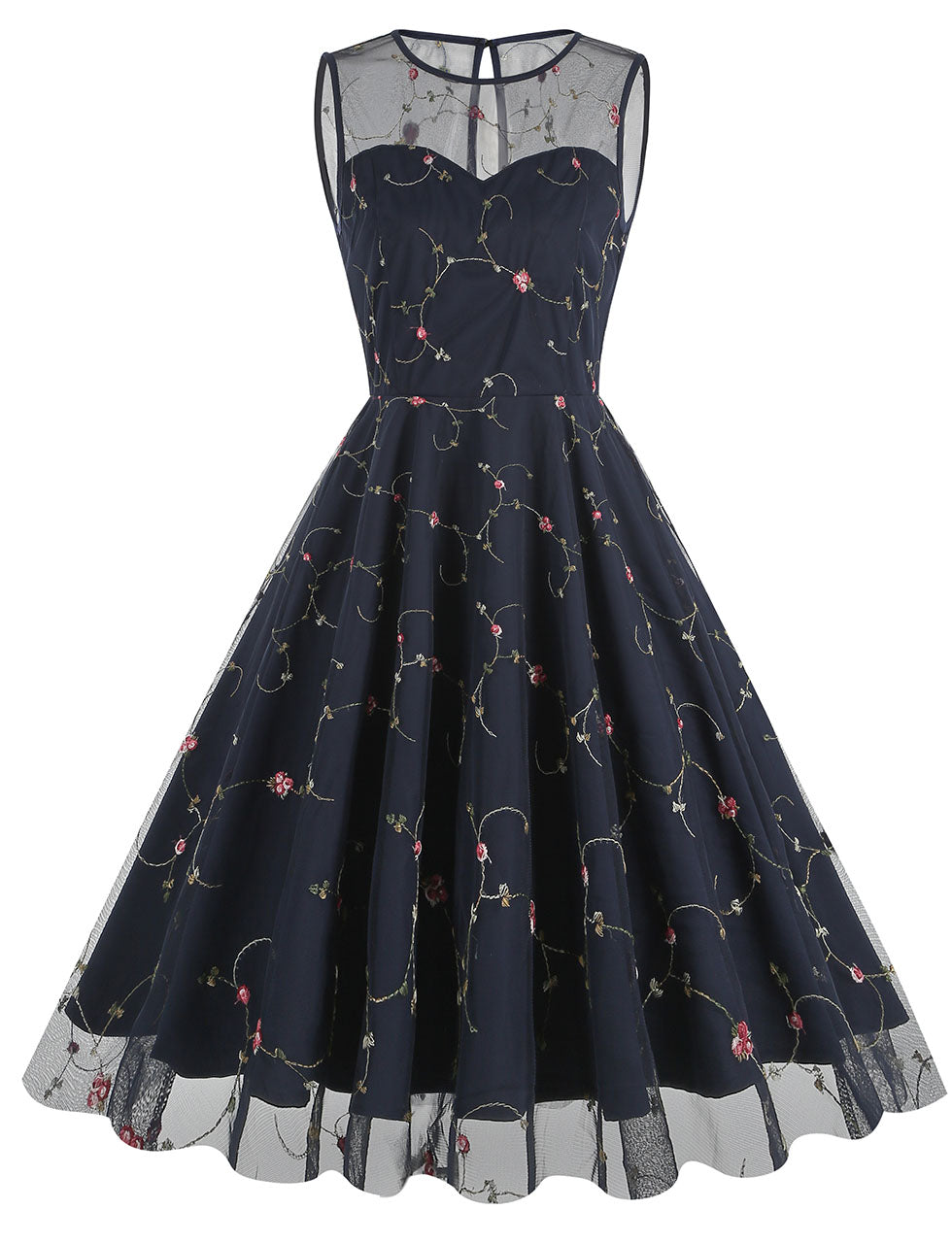 Lake Blue Semi Mesh Flower Embroidered Sleeveless 50S Swing Dress