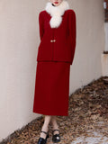 2PS Red Round Collar Long Sleeve Wool Coat