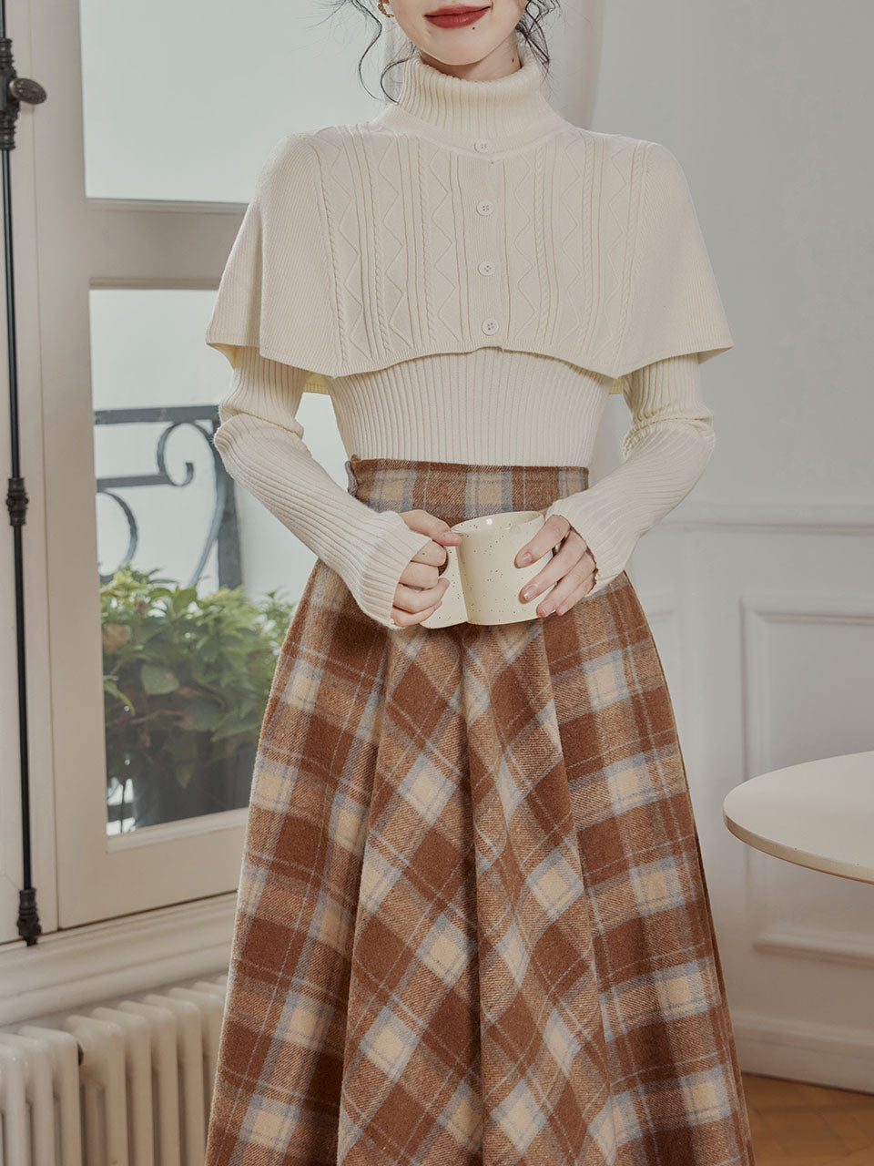 3PS Apricot Sweater Cape And Pleated Plaid Swing Skirt 1950S Vintage Outfits