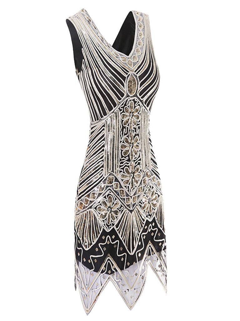 Gold 1920s V Neck Sequined Flapper Dress