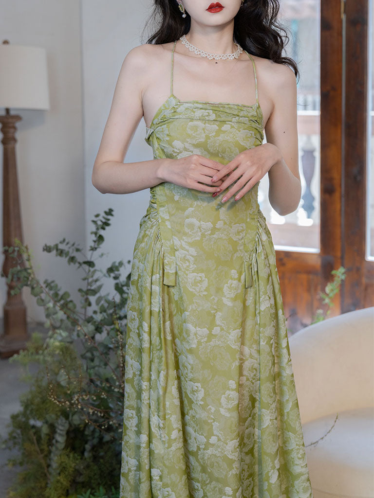 Green Rose Floral Spaghetti Strap 1950S Vintage Dress