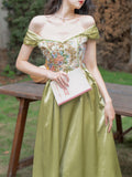 Green Rose Floral Off Shoulder 1950S Vintage Dress