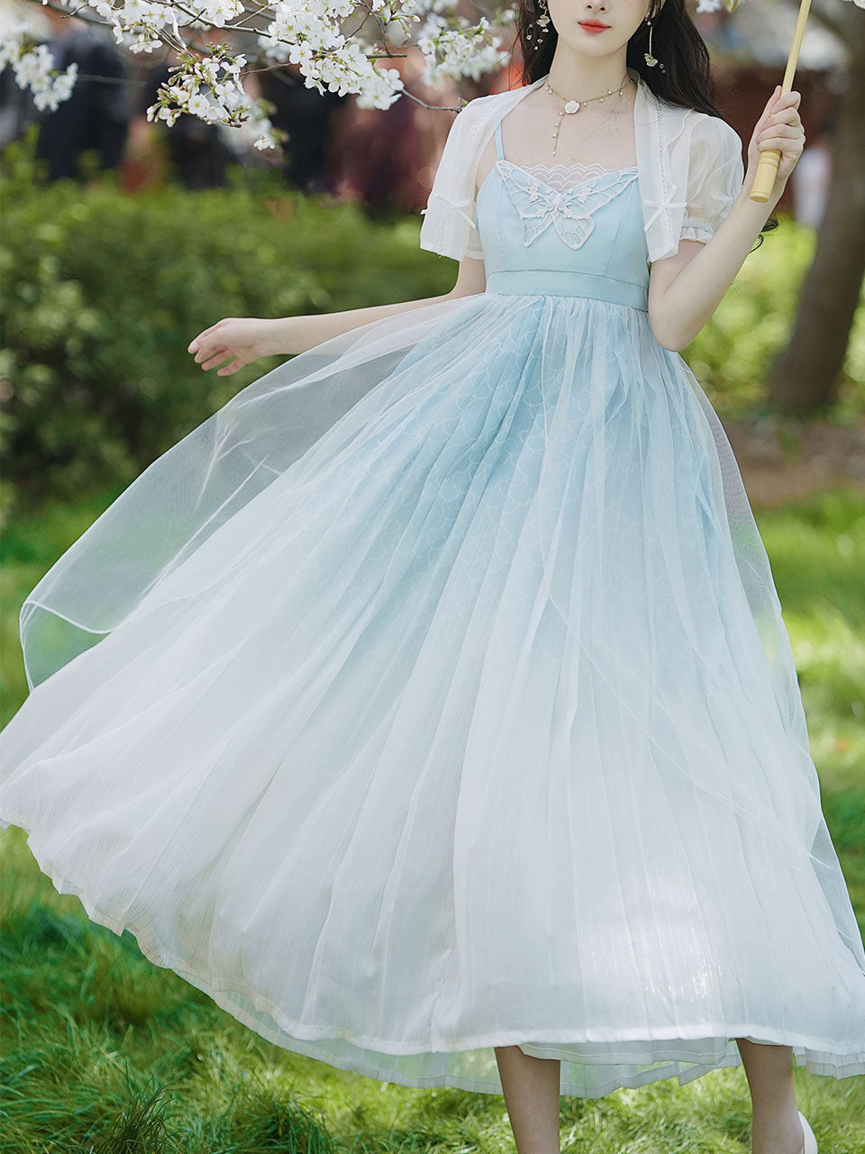 2PS Baby Blue Embroidered Butterfly Vintage Dress