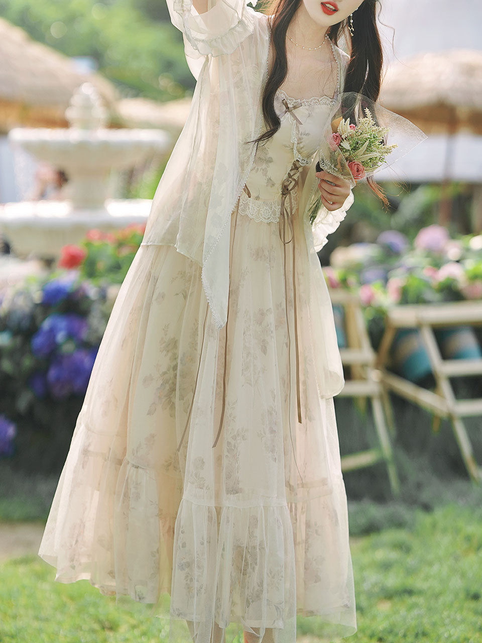 2PS Apricot Floral Print Ruffles Spaghetti Strap Princess Dress