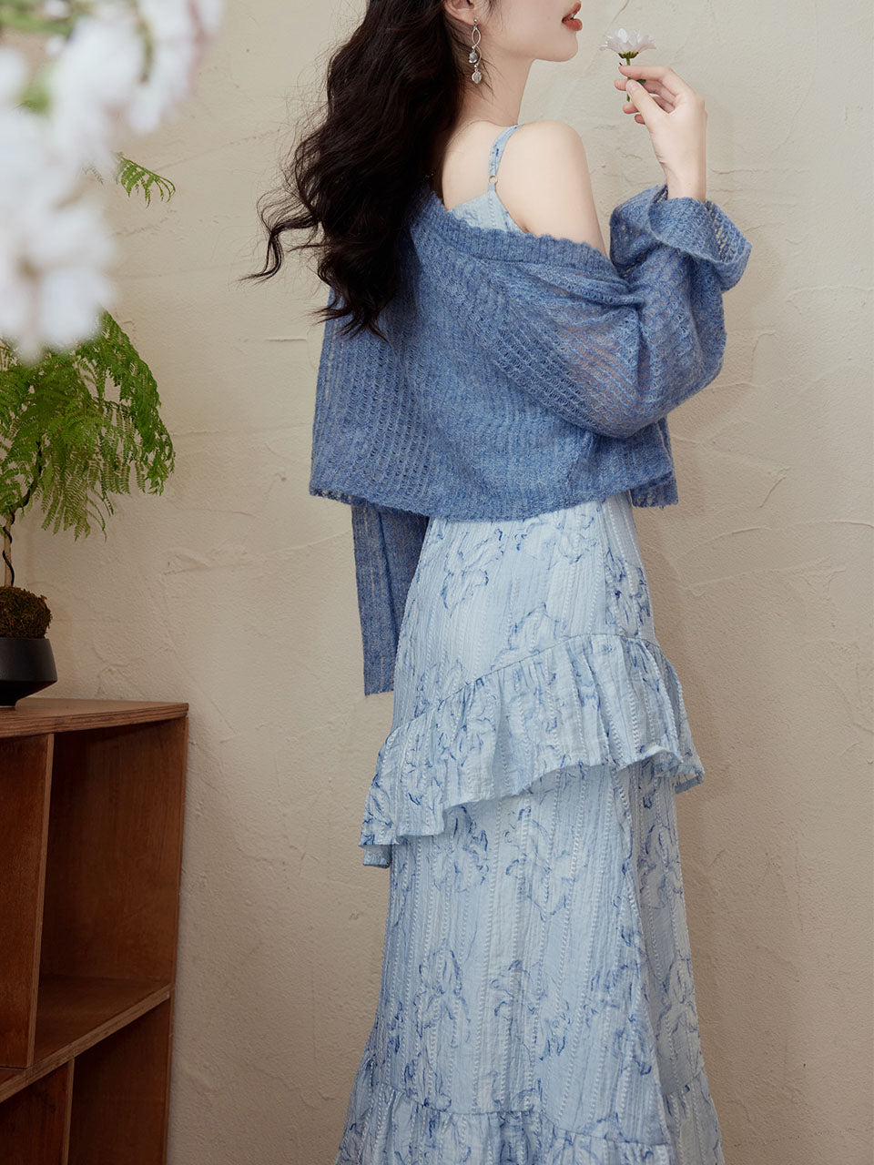 2PS Blue Floral Print Spaghetti Strap Dress