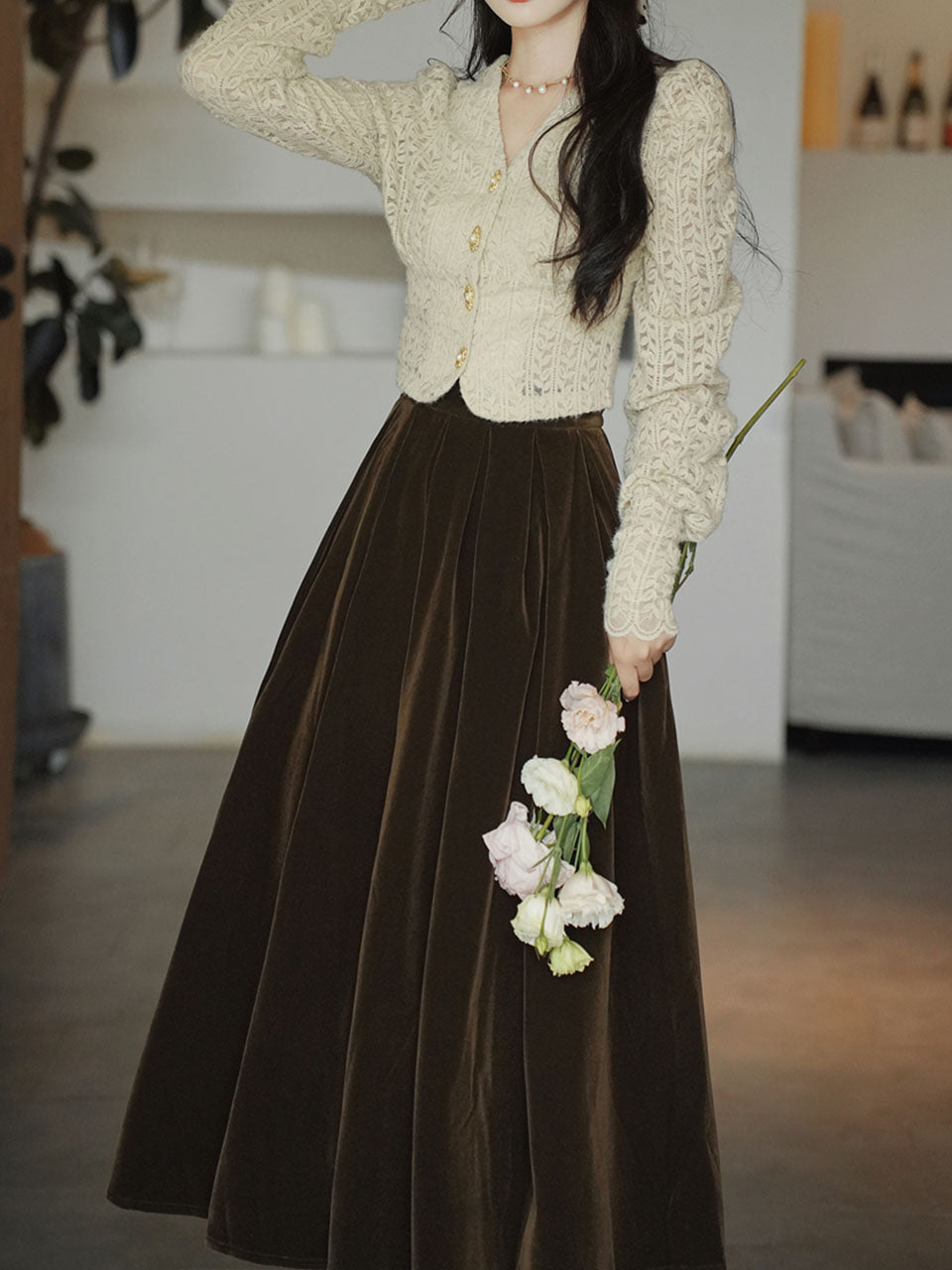 White Lace V Neck Top and Brown Velvet Swing Skirt Dress Set
