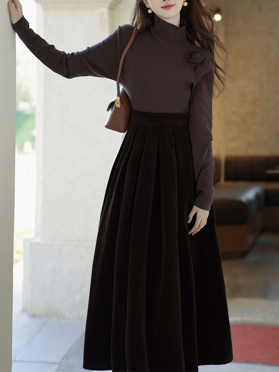 Brown Flower Turtleneck Sweater and Velvet Swing Skirt Dress Set