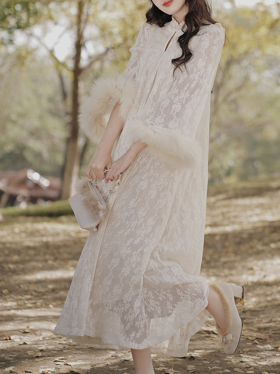 Apricot Lace Fur Sleeve 1950S Vintage Dress