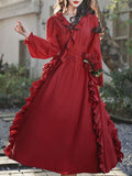 Red Rose V Neck Ruffles Long Sleeve Princess 1950S Vintage Dress