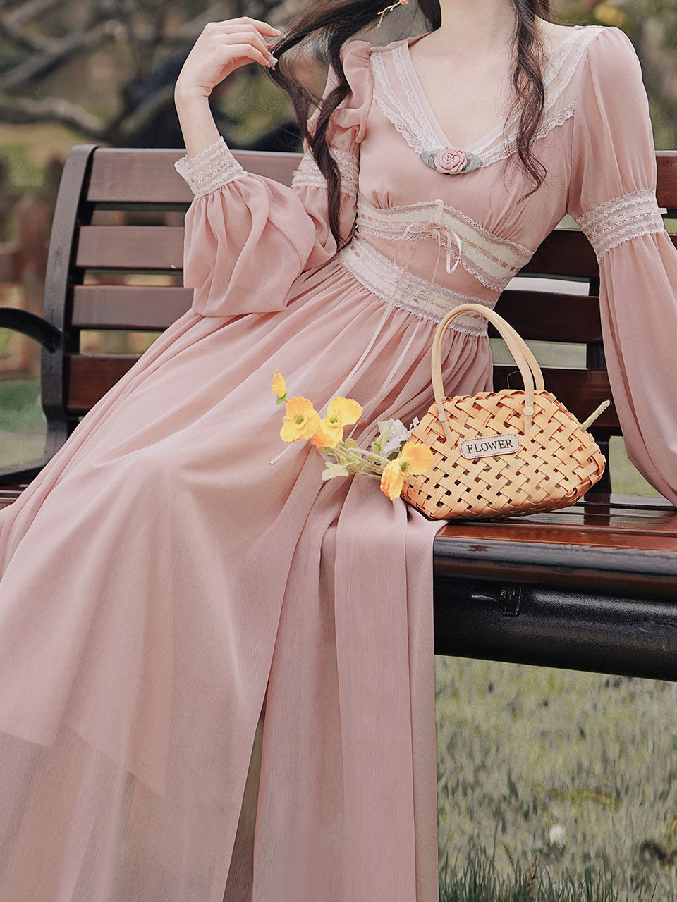 Pink Rose Girl Retro Lace V-neck Chiffon Long Lantern Sleeve Coquette Dress
