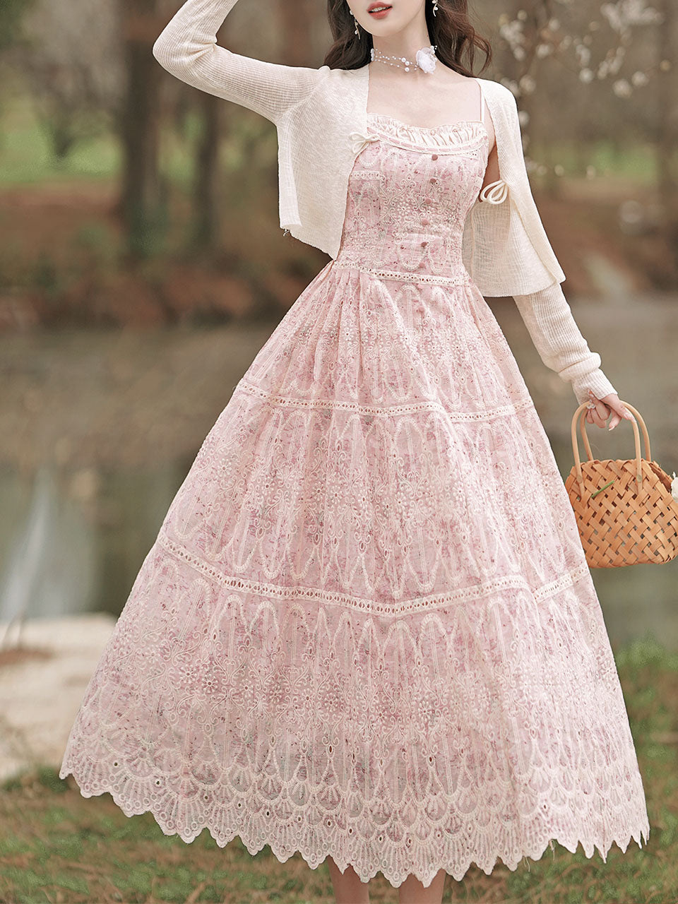 2PS Pink Embroidered lace Spaghetti Strap Dress