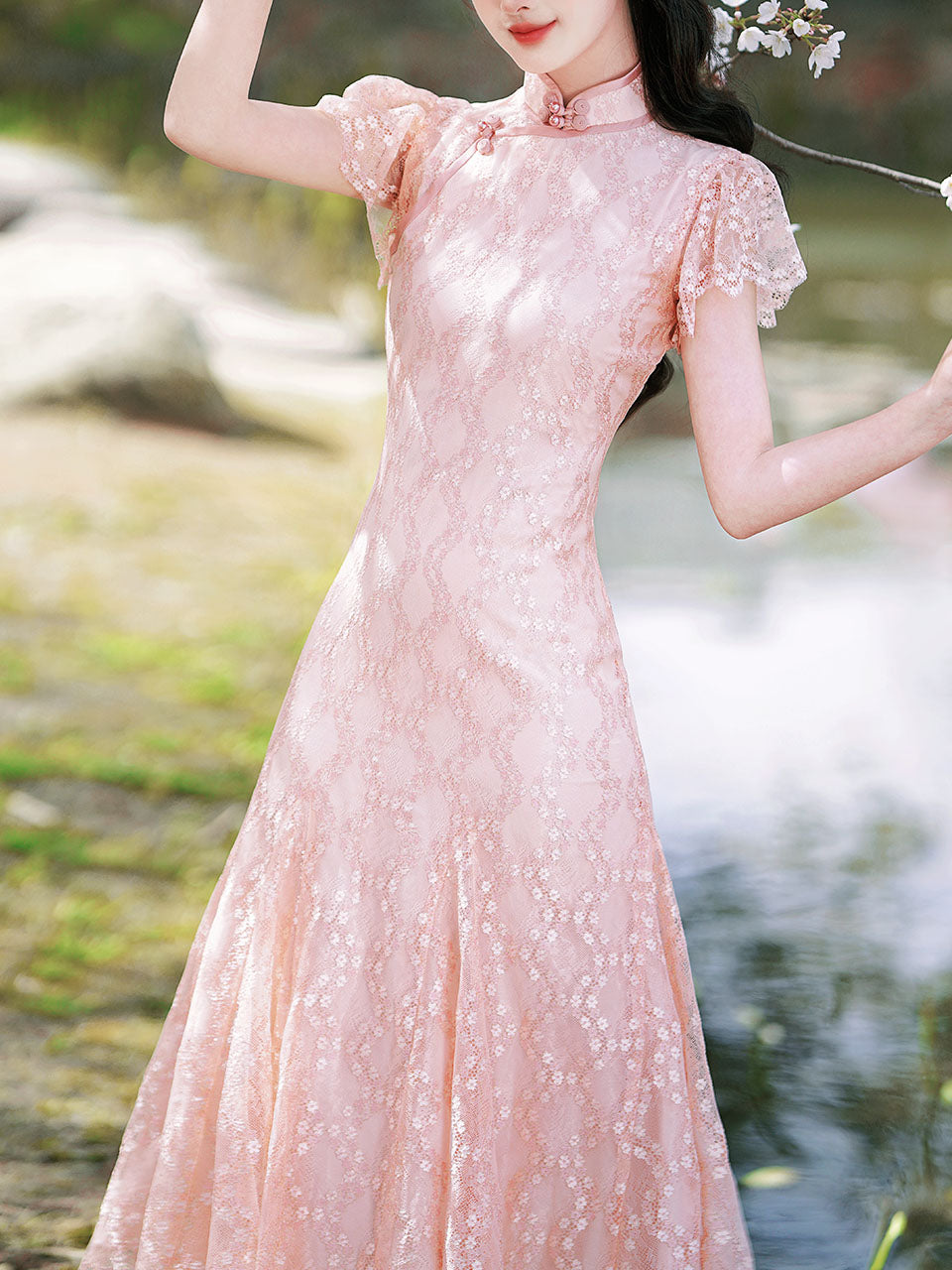 Pink Lace Puff Sleeve Cheongsam Fishtail Vinatge Dress