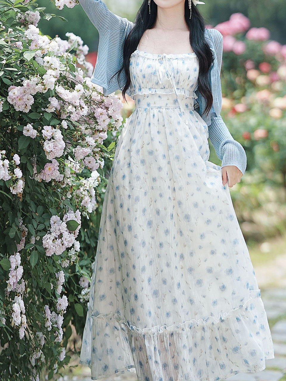 2PS Blue Floral Print Ruffles Spaghetti Strap Princess Dress