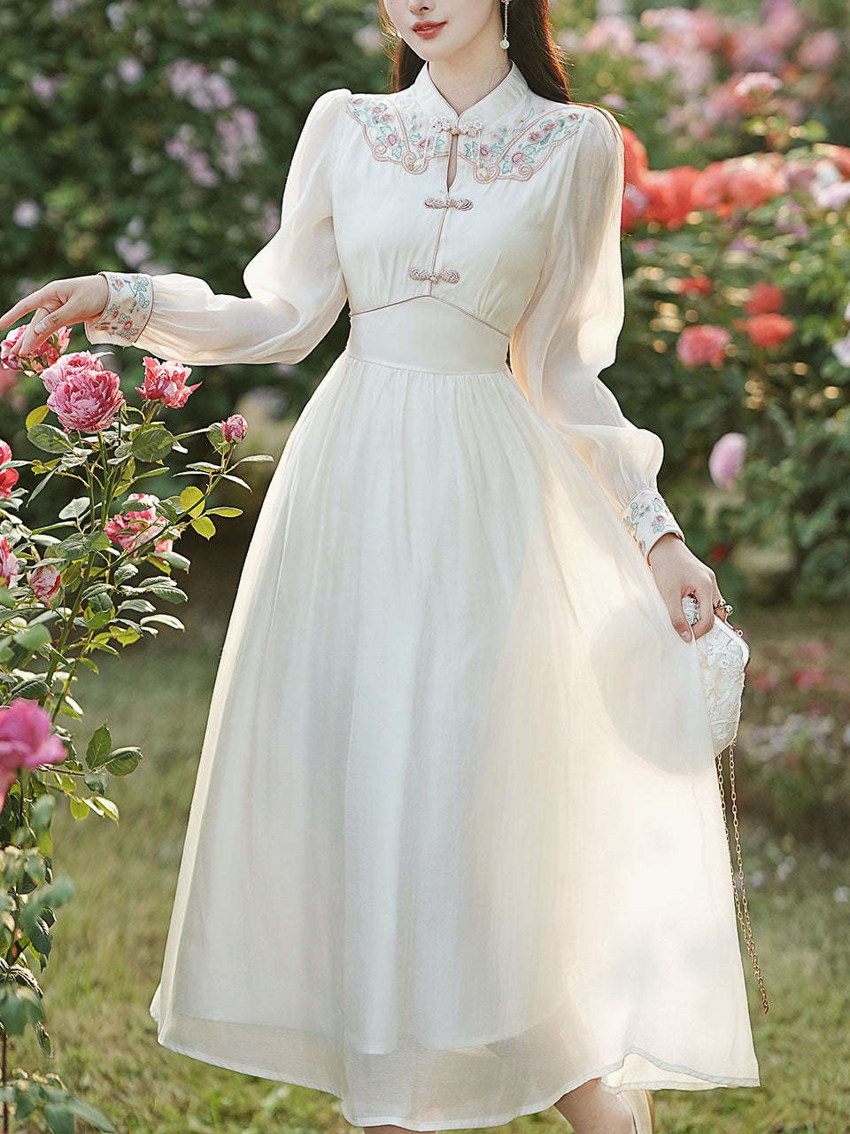 White Embroidered Long Sleeve Dress