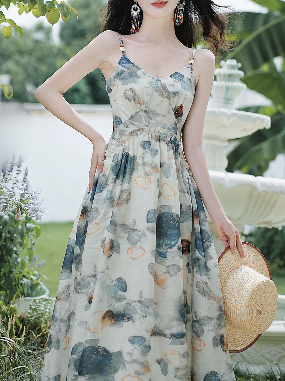 2PS Blue Floral Print Spaghetti Strap 1950S Vintage Dress