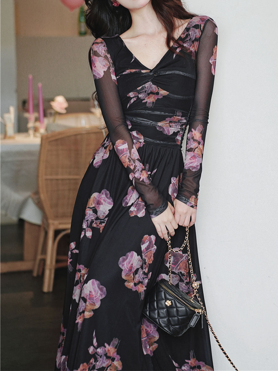 Black V-neck Floral Print Long Sleeve Maxi Dress