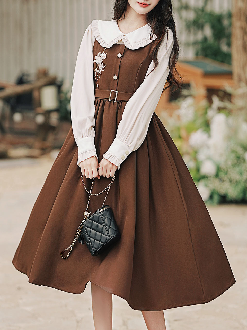 2PS Peter Pan Collar Vintage Fall Shirt Set Dress