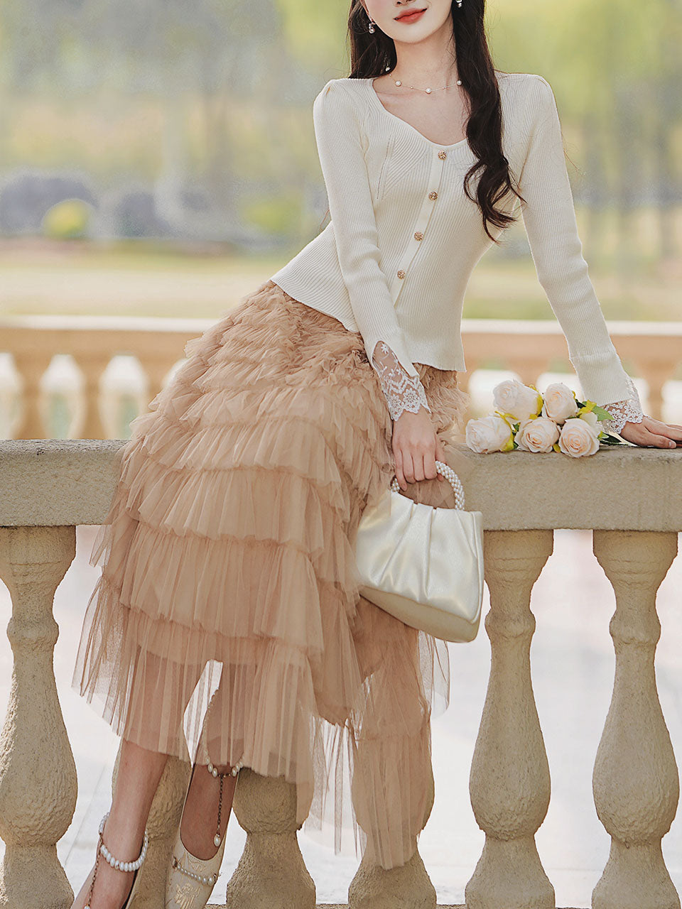 2PS White V Neck Knitted Sweater and Swing Mesh Fairy Skirt Dress Set