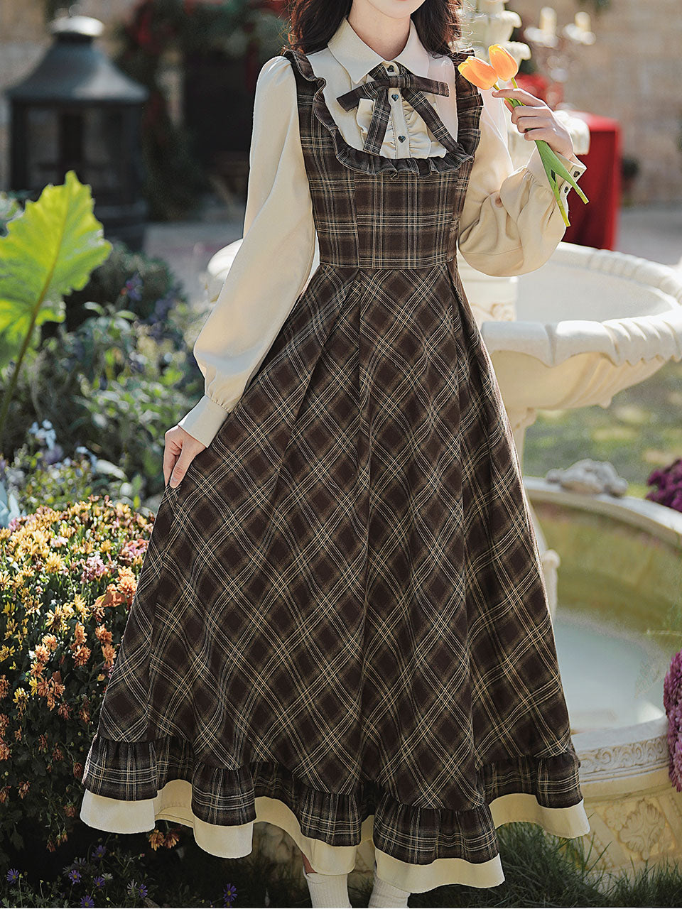 Brown Plaid Fake Two-Piece Long Sleeve Vintage Dress