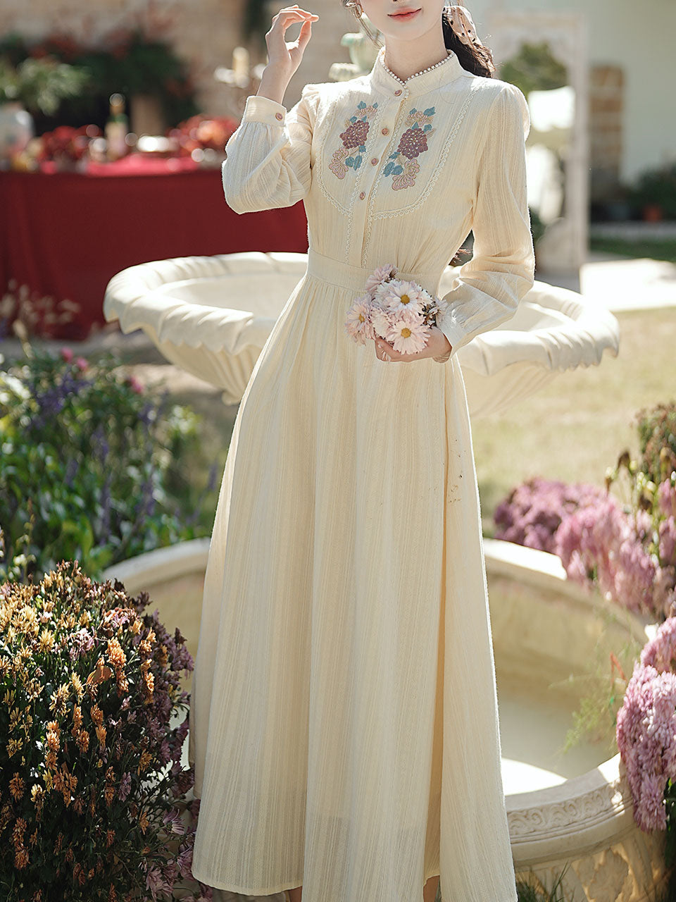 White Stand Collar Long Sleeved Embroidered Cotton Dress