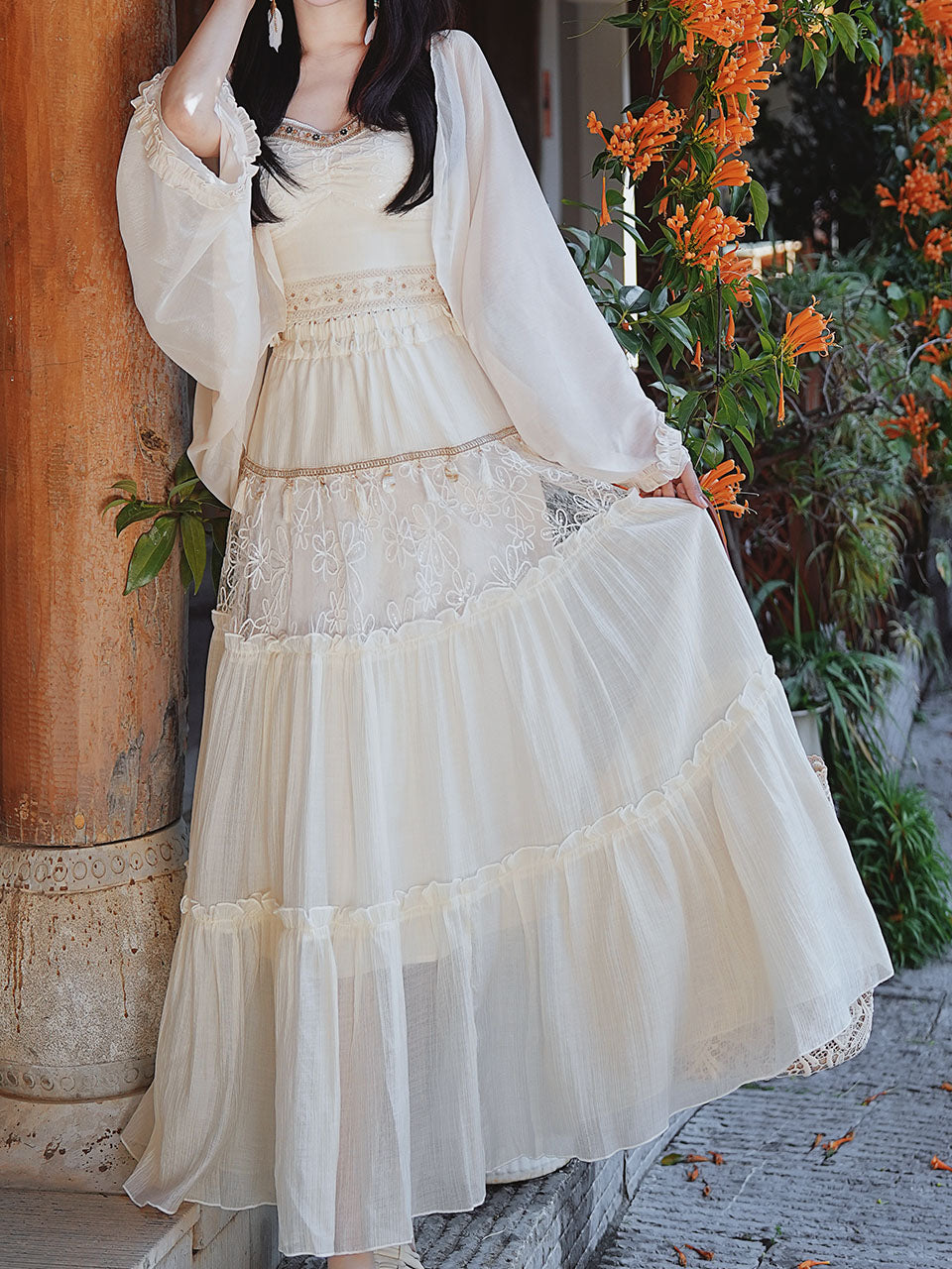 White Bohemian Rhapsody Retro Suspender Top Tassel Skirt 1970S Vintage Set