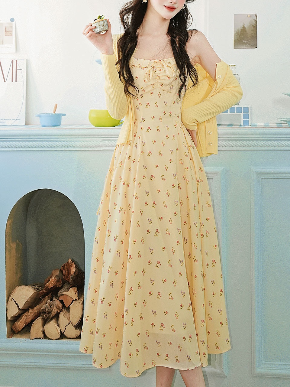 2PS Yellow Floral Spaghetti Strap 1950S Vintage Dress