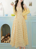 2PS Yellow Floral Spaghetti Strap 1950S Vintage Dress