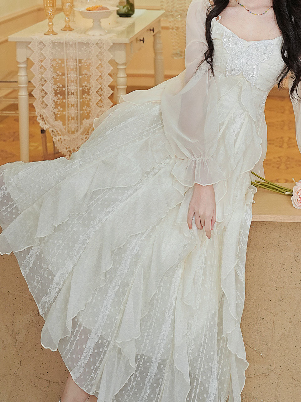Vintage White Square Neck Butterfly Sequins  Lace Ruffle Long Sleeve Dress