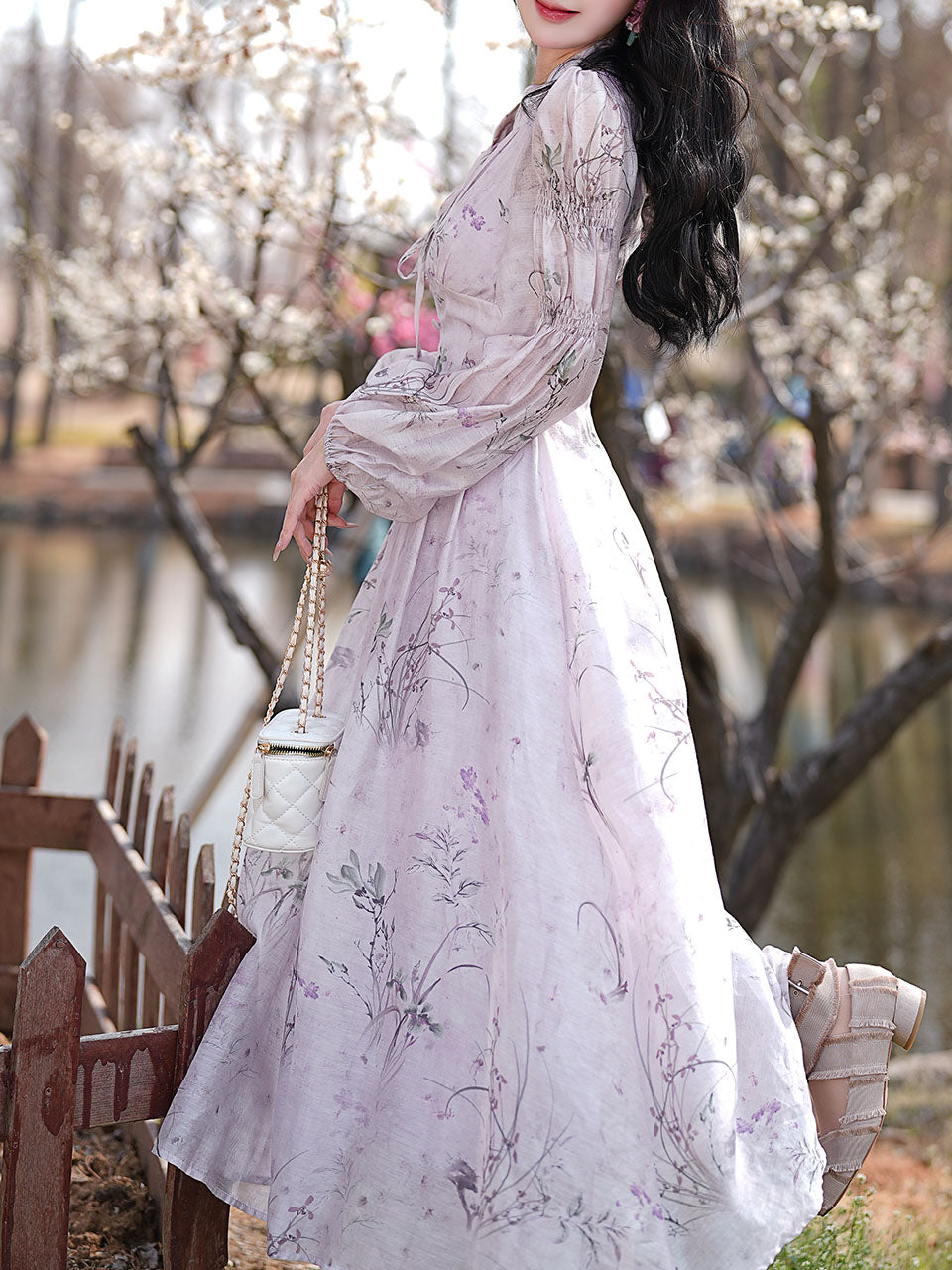 Purple Stand Collar Puff Long Sleeve Vintage Dress