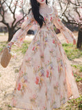Pink Square Collar Floral Lace Ruffles Edwardian Revival Vintage Dress