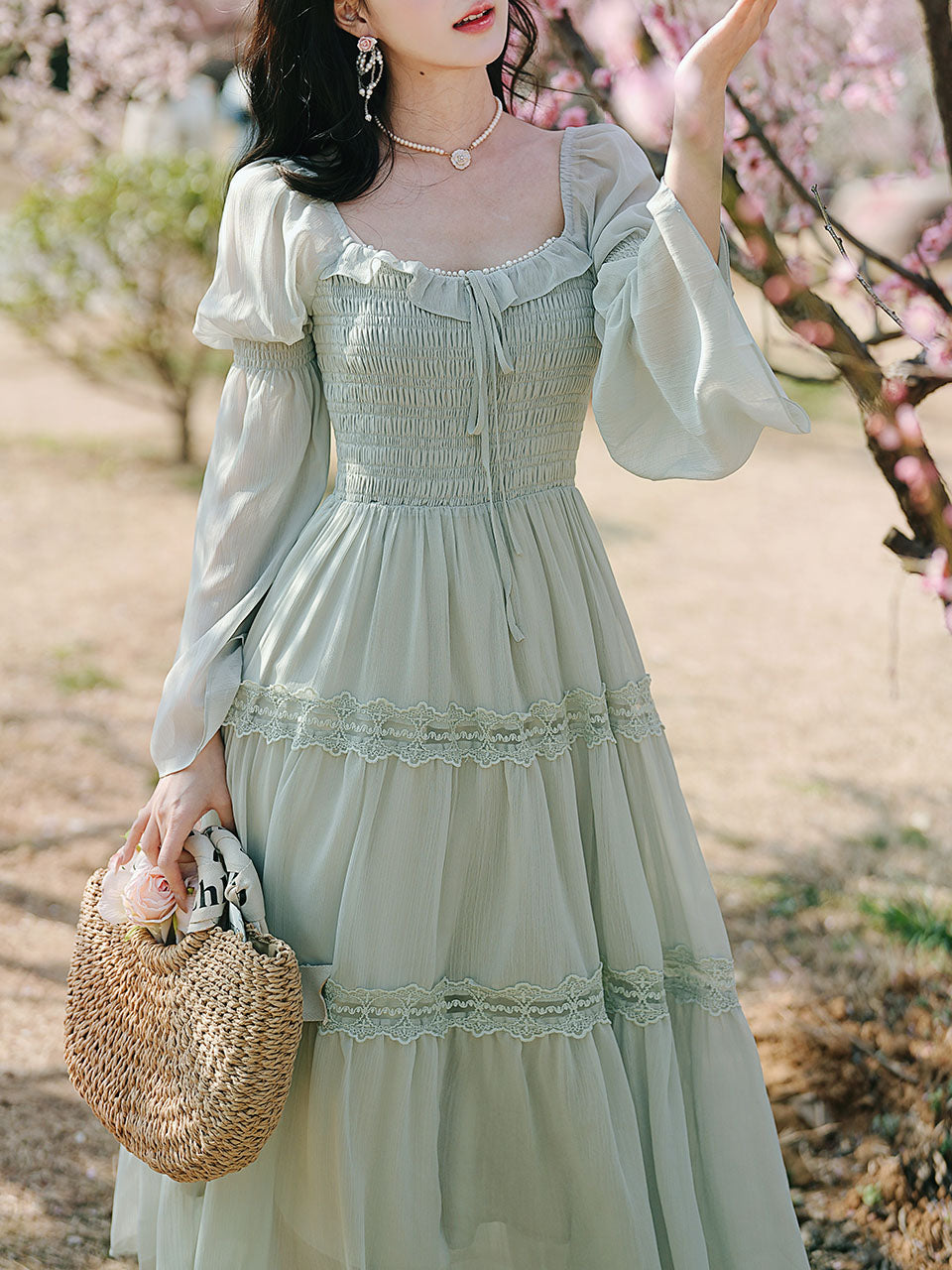 Green Square Collar Lace Ruffles Edwardian Revival Vintage Dress
