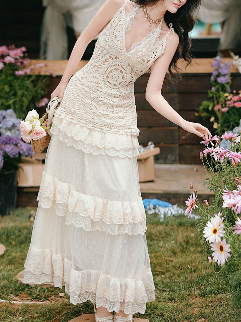 1950S Vintage White Hollow Crochet Cover Up and High Waist Lace Skirt Set