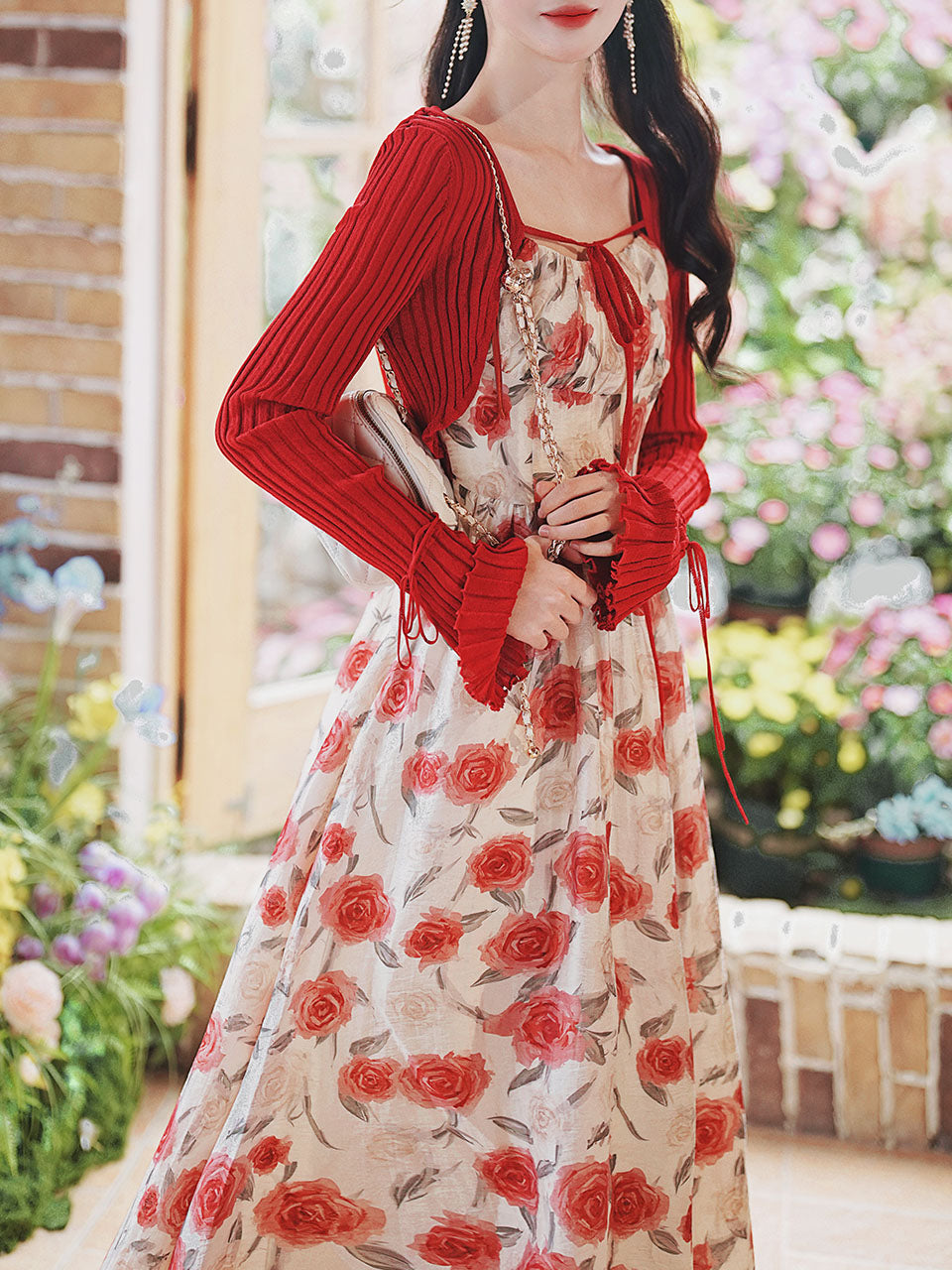 2PS Red Rose Spaghetti Strap 1950S Vintage Dress