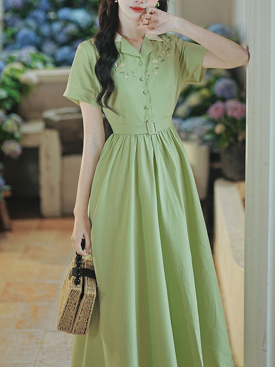 Green Plaid Short Sleeve 1950S Vintage Shirt Dress