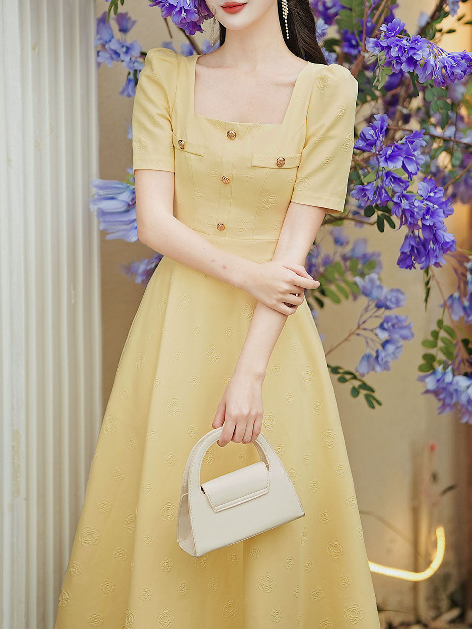 Yellow Square Neck Short Sleeve 1950S Vintage Dress