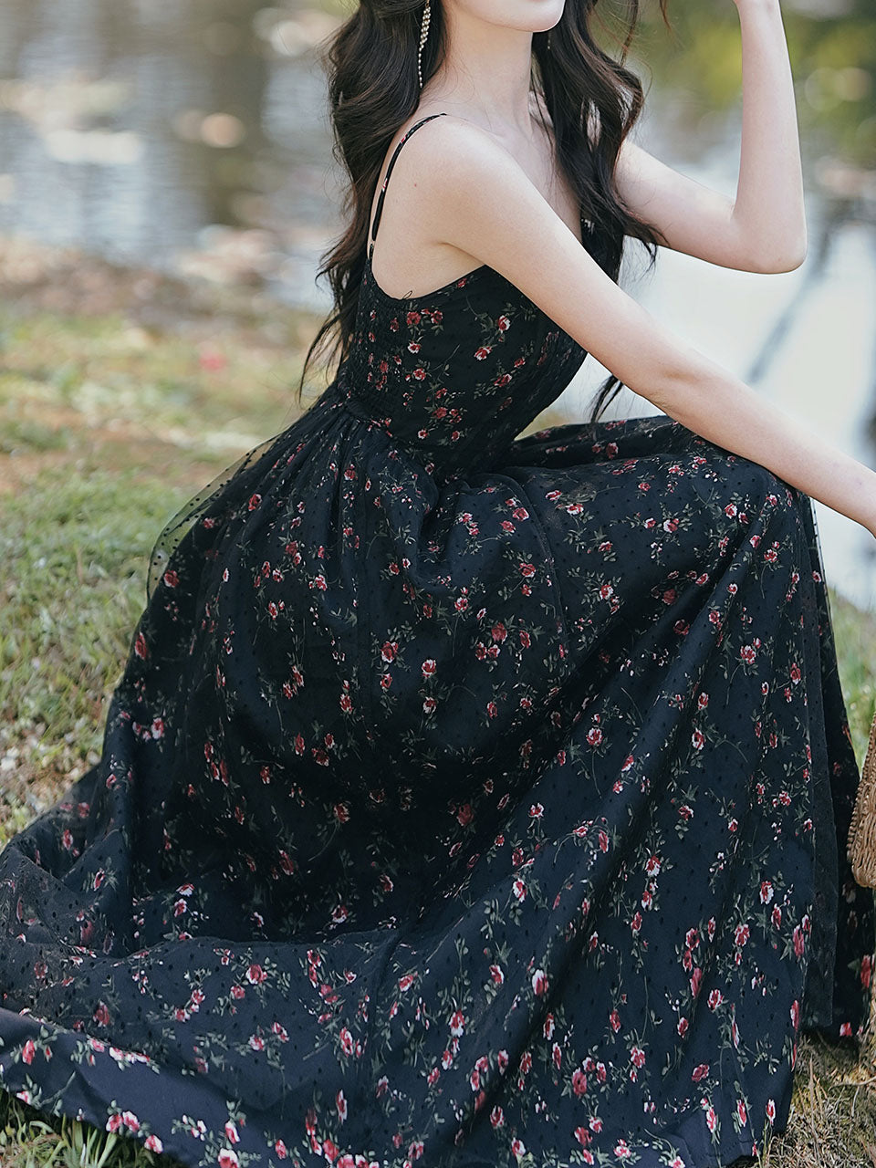 2PS Vintage Black Floral Chiffon Maxi Dress