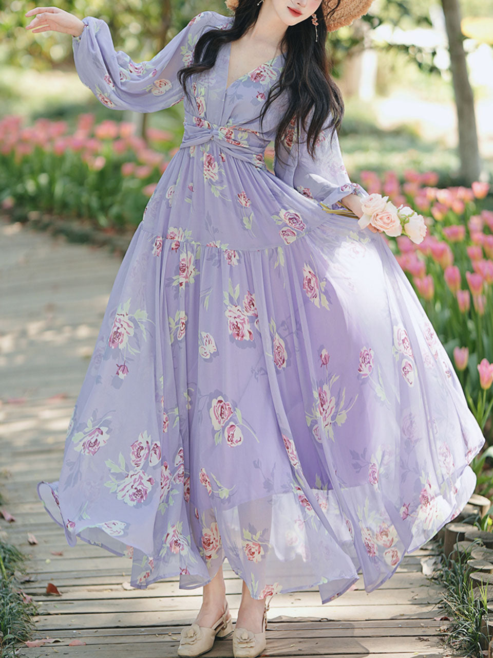 Purple Floral Print V Neck Long Sleeve Vintage Dress