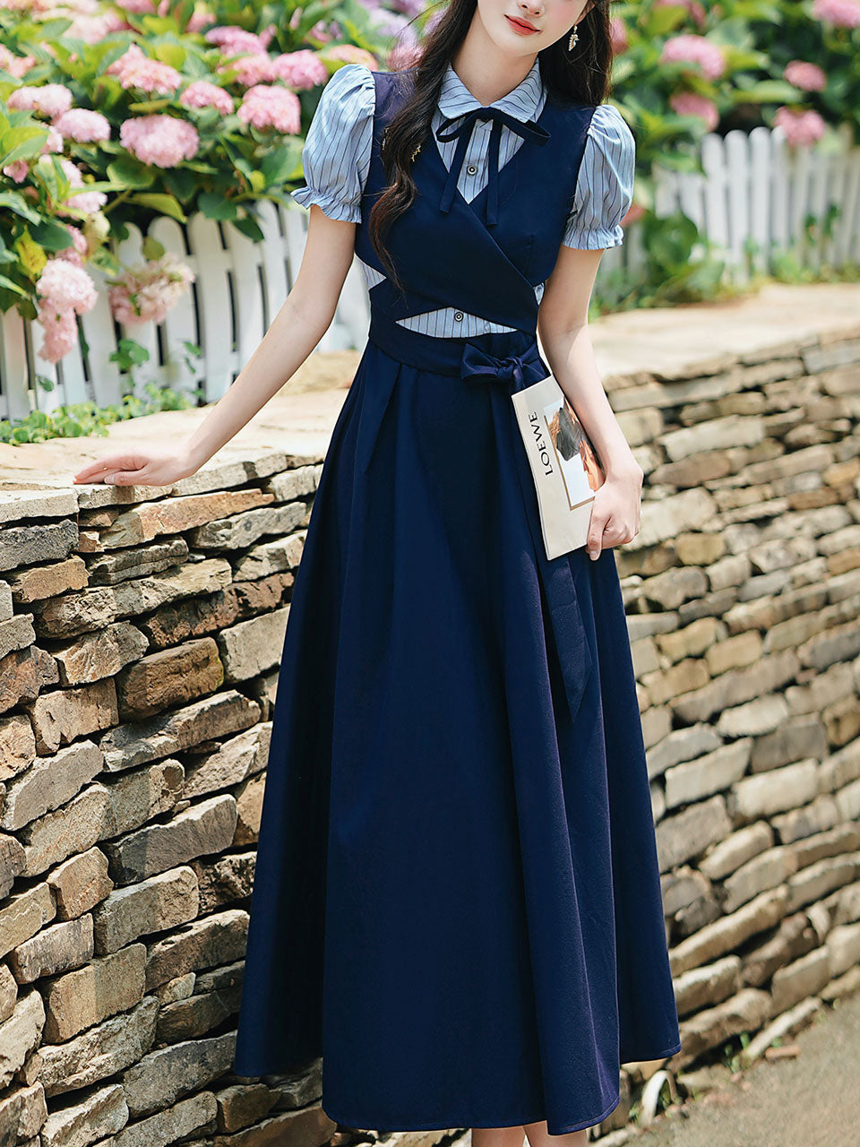 Vintage Navy Two-Piece Fake Layered Shirt Dress