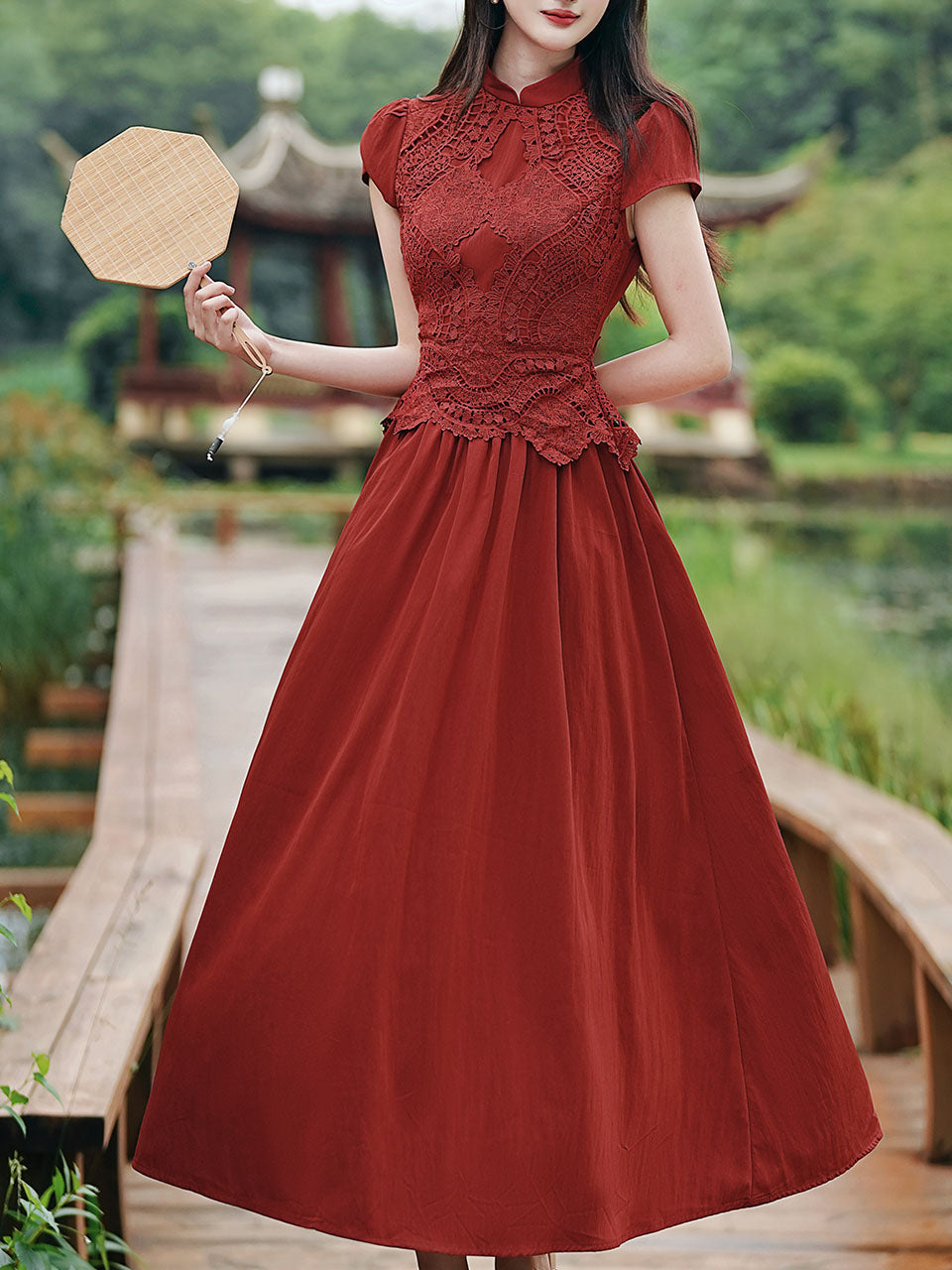 Red Cheongsam Cap Sleeve Lace Vintage Dress