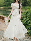 Elegant Ivory Sequin Floral Mermaid Dress French Style V Neck Maxi Evening Gown