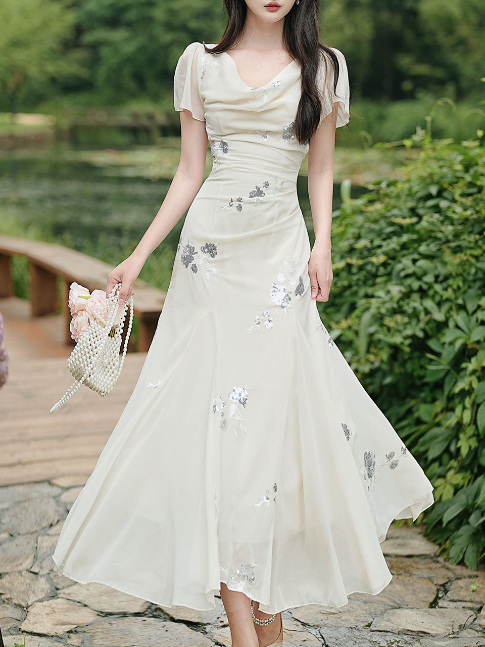 Elegant Ivory Sequin Floral Mermaid Dress French Style V Neck Maxi Evening Gown