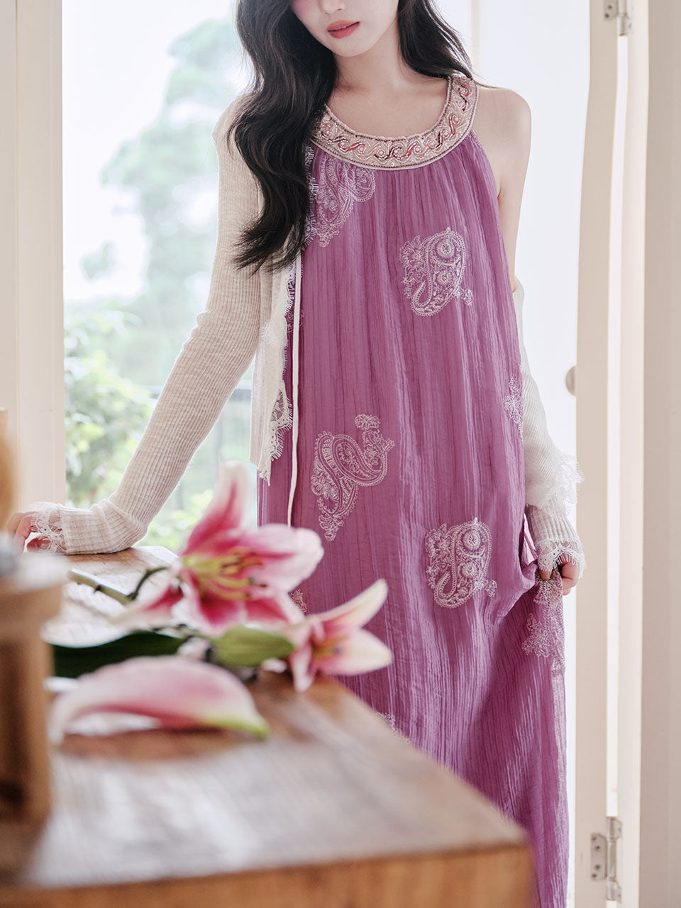 Purple Round Neck Embroidered Luxury Maxi Dress