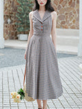 Grey V Neck Plaid Vintage Dress