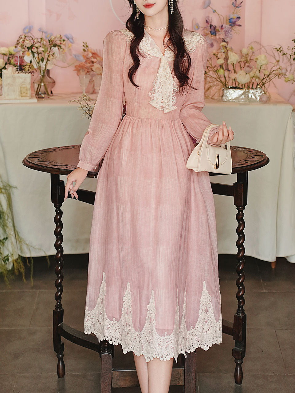 Romantic Vintage Pink Long Sleeve Dress