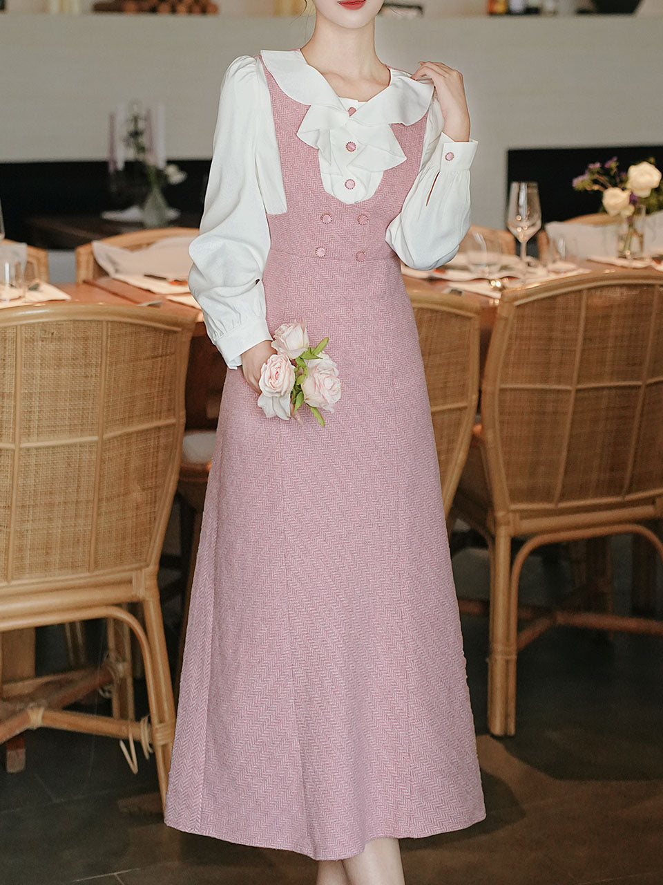 Pink Tweed Fake Two-Piece Dress